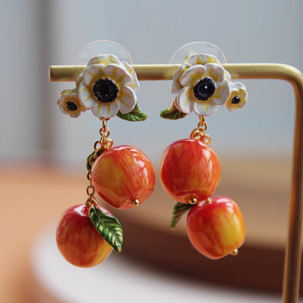 LES NEREIDES Little Garden Apple Poppy Earrings Hand Painted